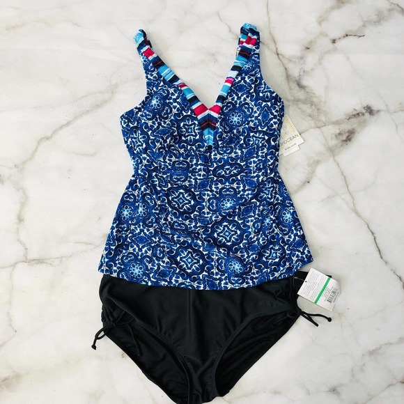 24th & Ocean Blue Viva La Frida Printed Tankini Swimsuit M/L Hipster Black Tie - Picture 1 of 7
